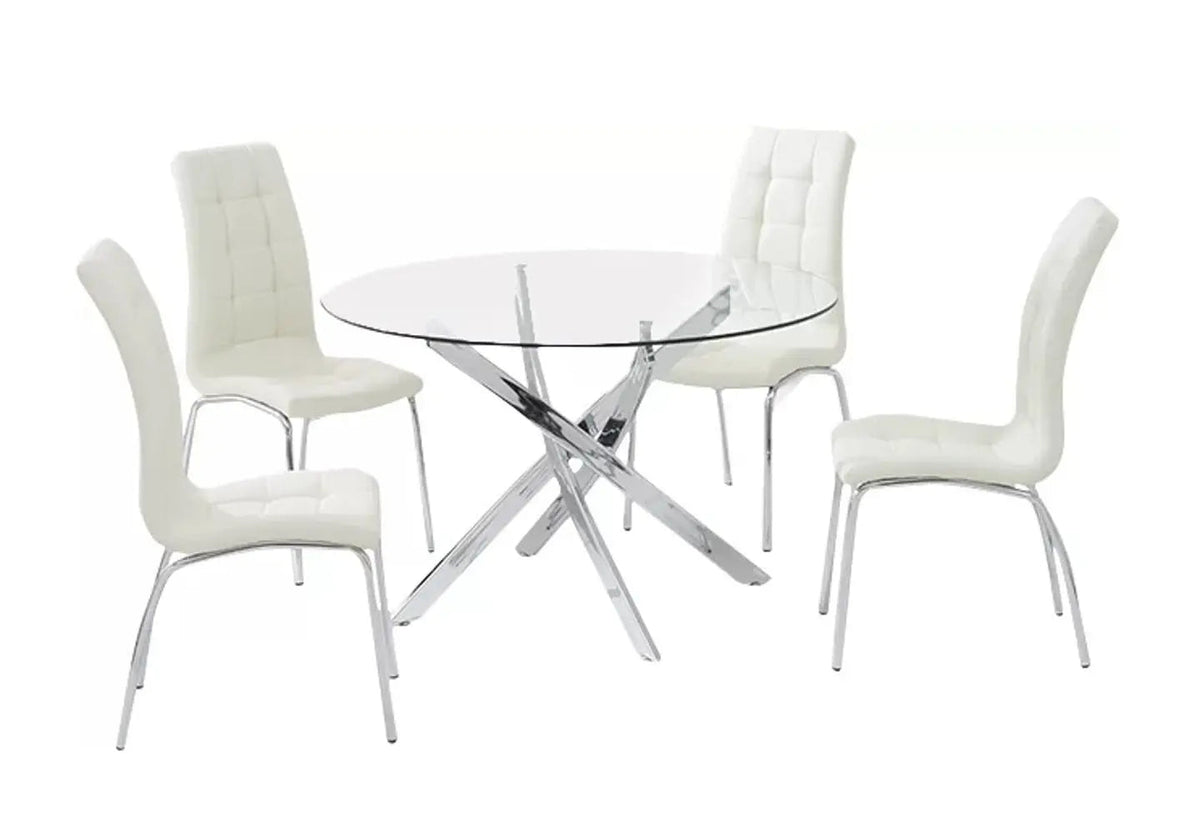 Ensemble table ronde chromée et 6 chaises blanches | Mona