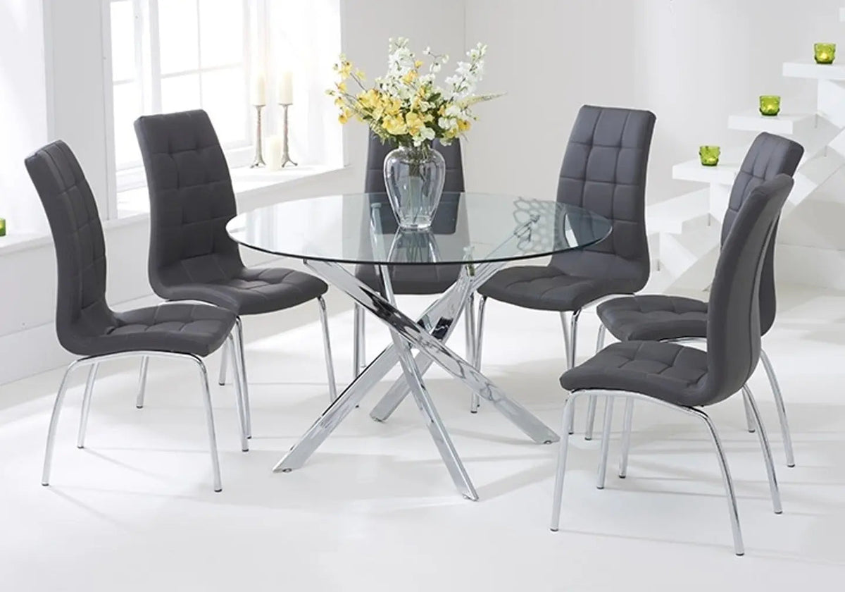 Ensemble table ronde chromée et 6 chaises grises | Mona