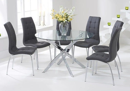 Ensemble table ronde chromée et 6 chaises grises | Mona