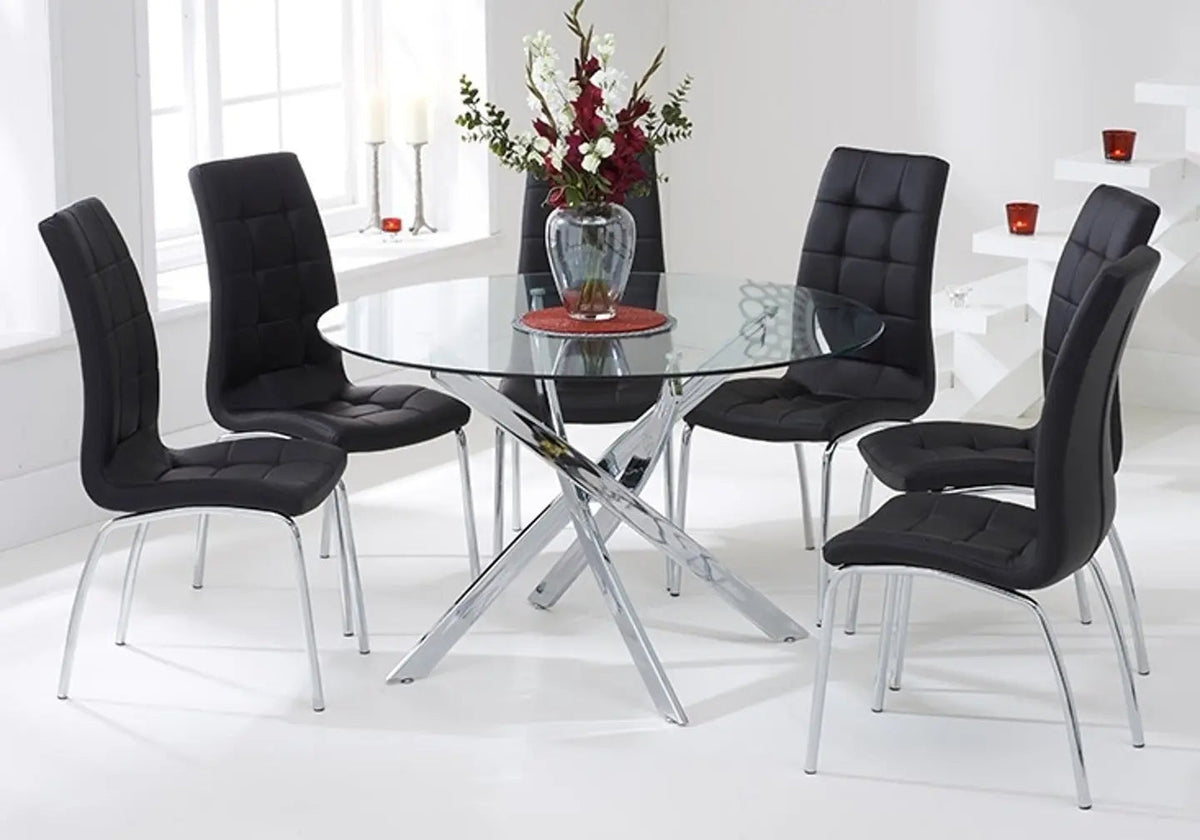 Table à manger ronde chromée et 6 chaises noires | Mona