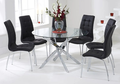Table à manger ronde chromée et 6 chaises noires | Mona