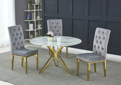 Ensemble table ronde marbre blanc et chaises dorées | Zelix