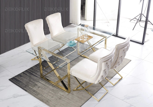 Table verre trempé et 4 chaises beige | Nexa