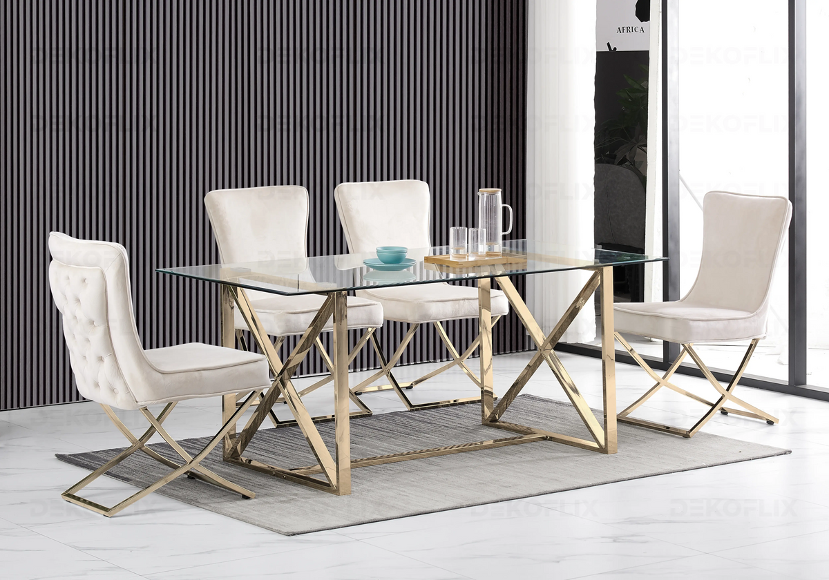 Table verre trempé et 4 chaises beige | Nexa