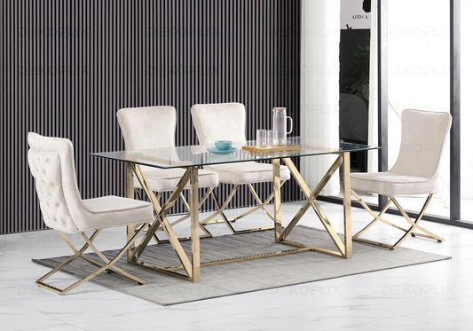 Table verre trempé et 4 chaises beige | Nexa