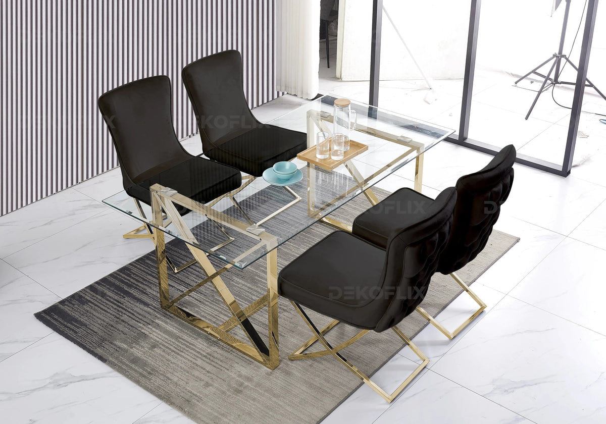 Lot de 2 chaises capitonnées noires pieds dorés | Korva
