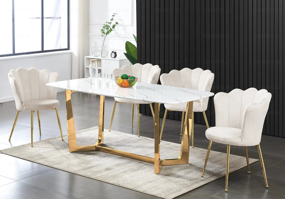 Ensemble table marbre blanc et 4 chaises dorées | Vetra