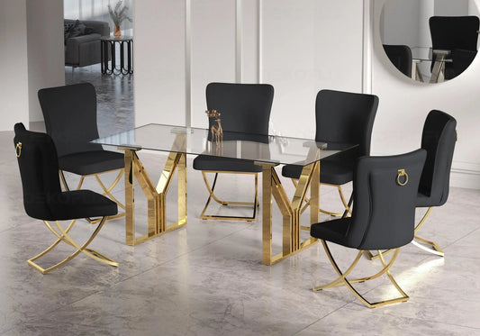 Table et chaises salle à manger noires et dorées | Zelta
