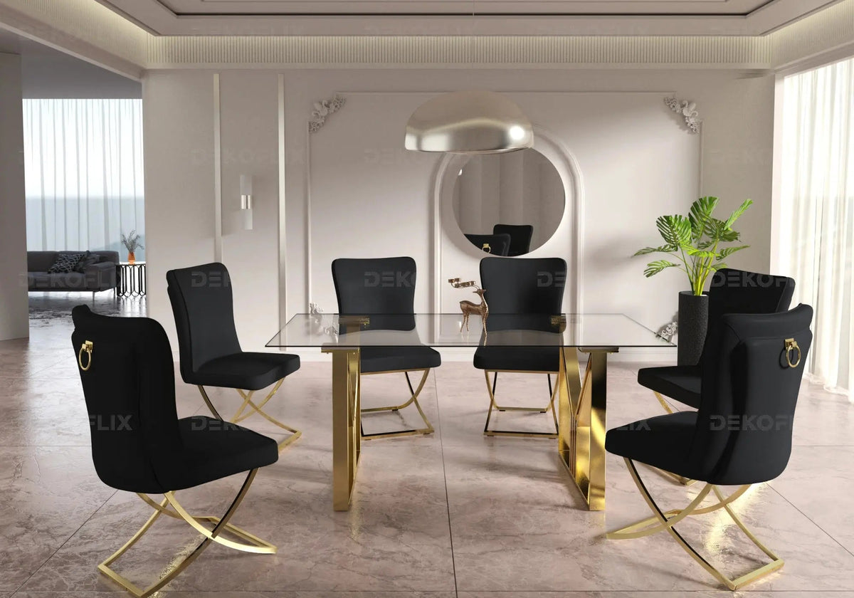 Table et chaises salle à manger noires et dorées | Zelta
