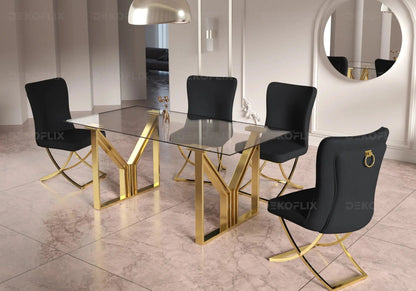 Table et chaises salle à manger noires et dorées | Zelta