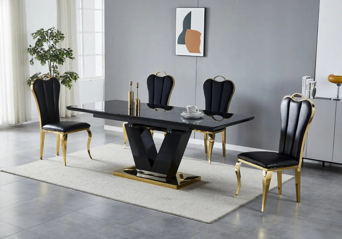 Table à manger extensible marbre noir et métal or | Kivo