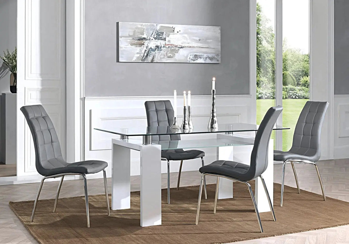 Ensemble table laquée blanche et 6 chaises grises | Elora