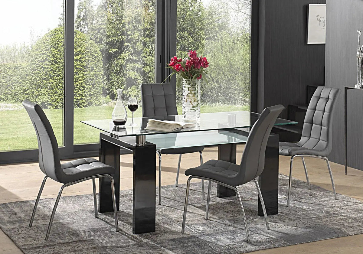 Table à manger laquée noire et 6 chaises grises | Elora