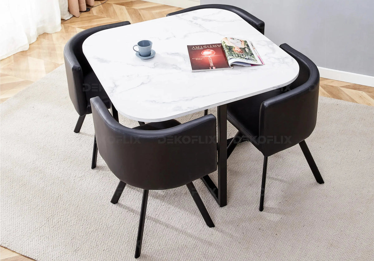 Ensemble table marbre blanc et 4 chaises noires | Kaelo