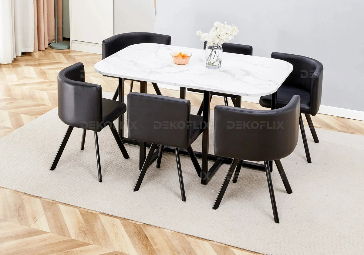 Ensemble table marbre blanc et 6 chaises noires | Kaelo