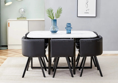 Ensemble table marbre blanc et 6 chaises noires | Kaelo