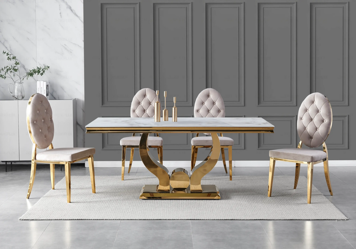 Table marbre beige et 4 chaises capitonnées dorées | Juno