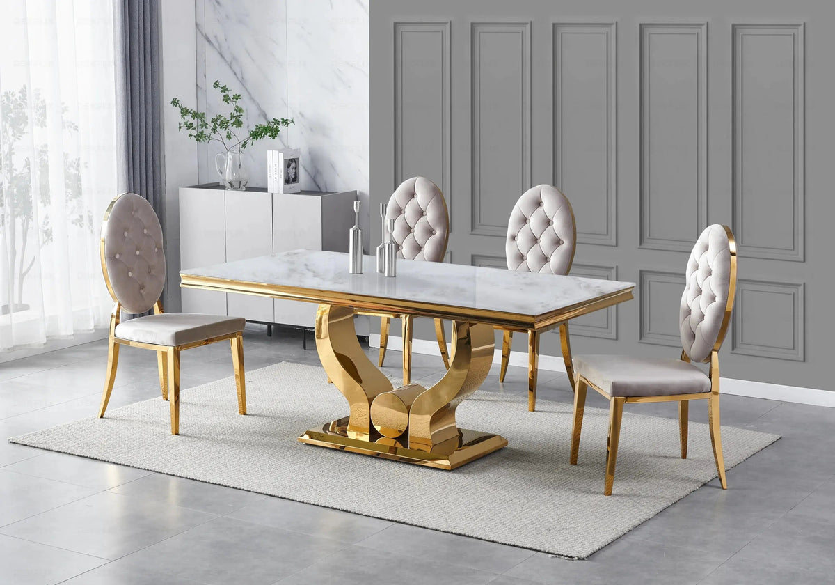 Table marbre beige et 4 chaises capitonnées dorées | Juno