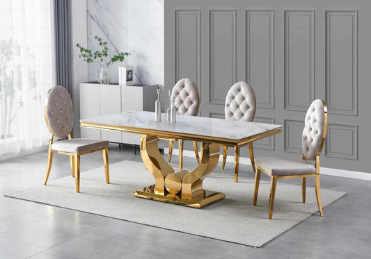 Table marbre beige et 4 chaises capitonnées dorées | Juno