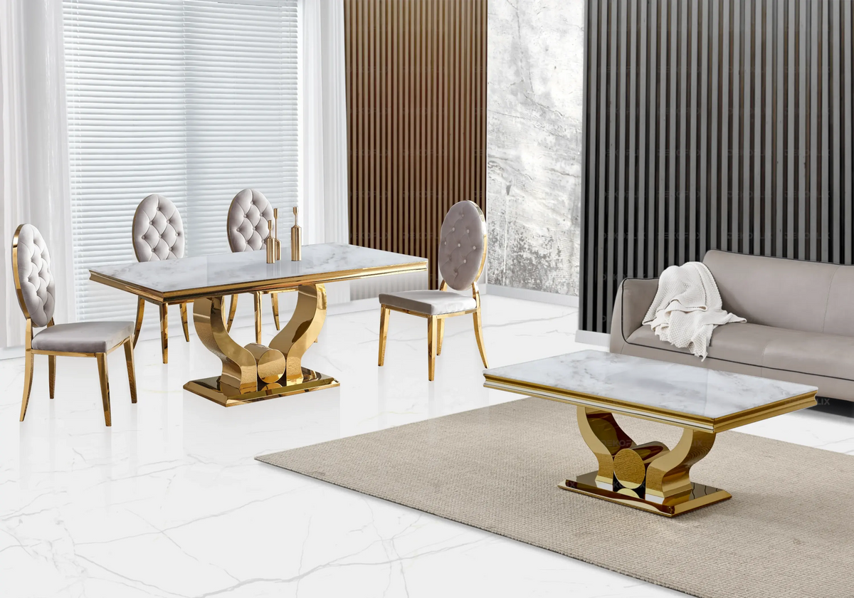 Table marbre beige et 4 chaises capitonnées dorées | Juno