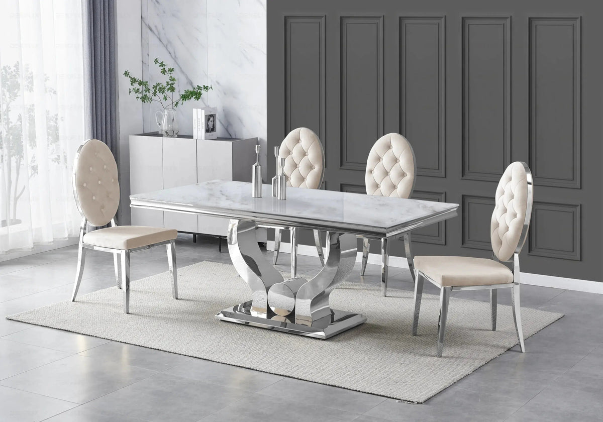 Ensemble table marbre beige et 4 chaises capitonnées | Juno