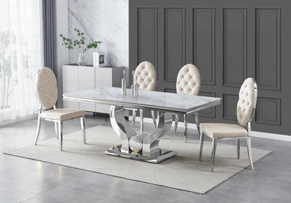 Ensemble table marbre beige et 4 chaises capitonnées | Juno