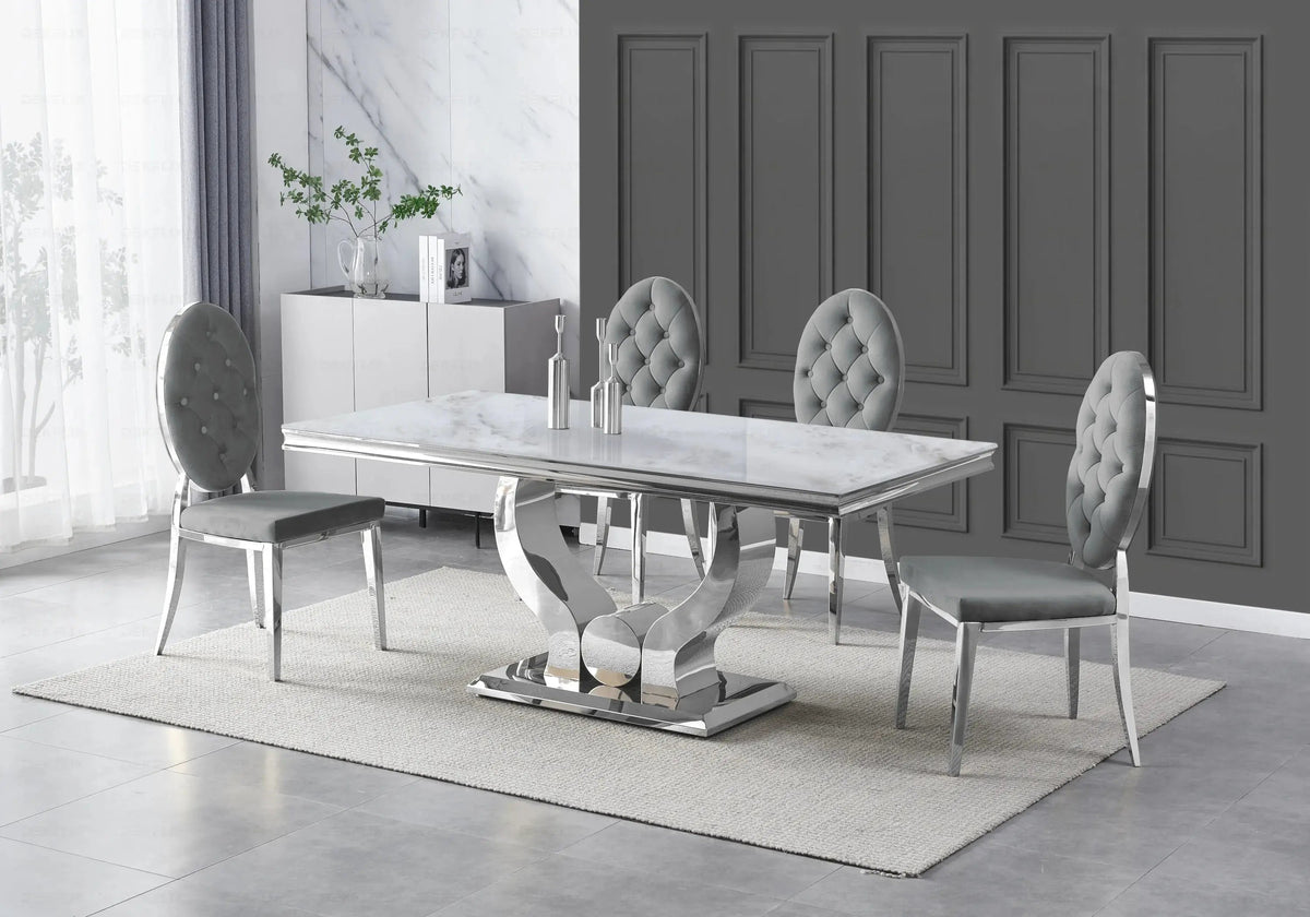 Ensemble table marbre beige et 4 chaises capitonnées | Juno