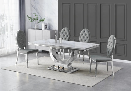 Ensemble table marbre beige et 4 chaises capitonnées | Juno