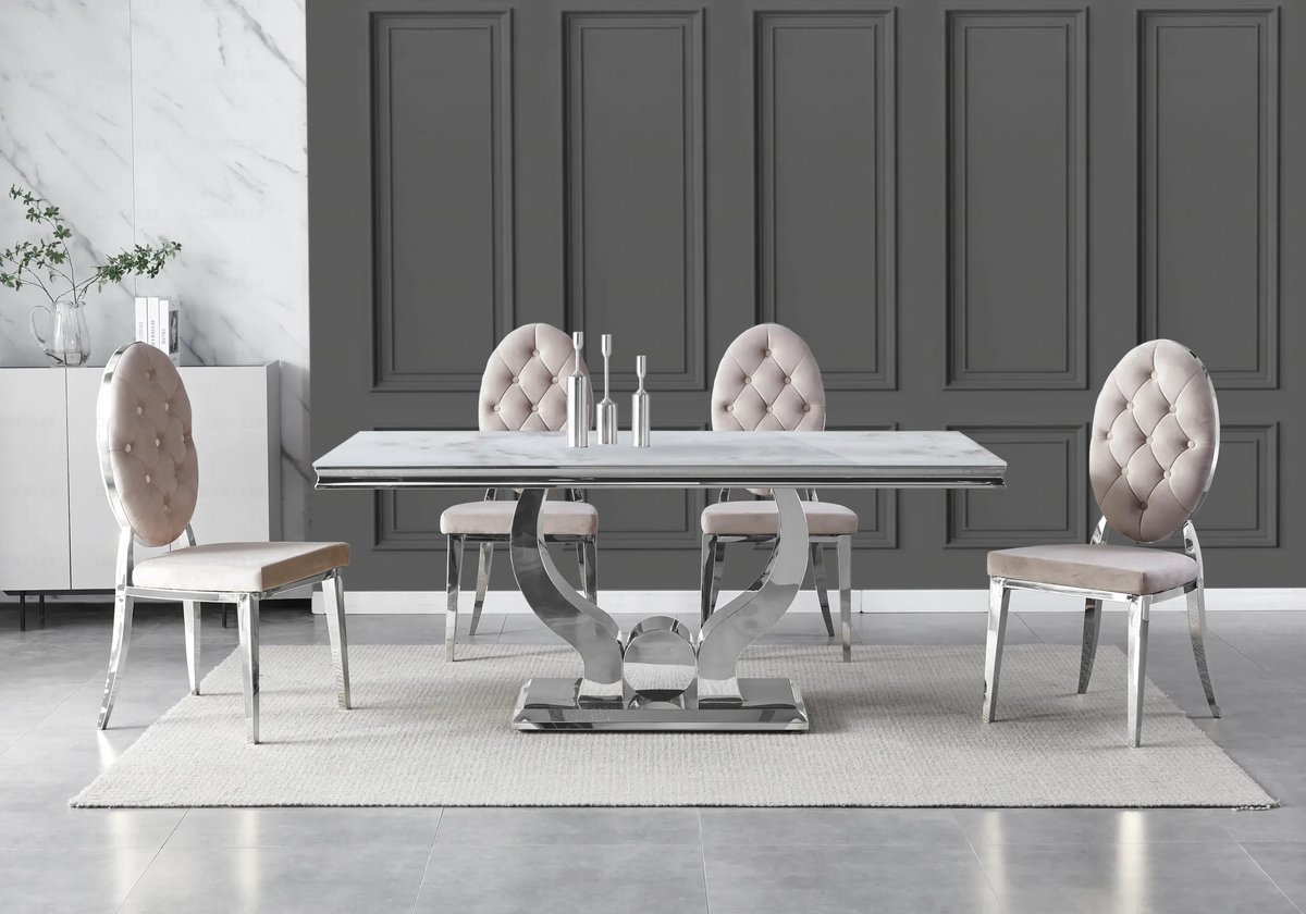 Ensemble table marbre beige et 4 chaises capitonnées | Juno
