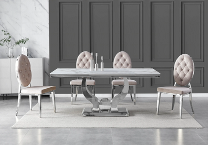 Ensemble table marbre beige et 4 chaises capitonnées | Juno