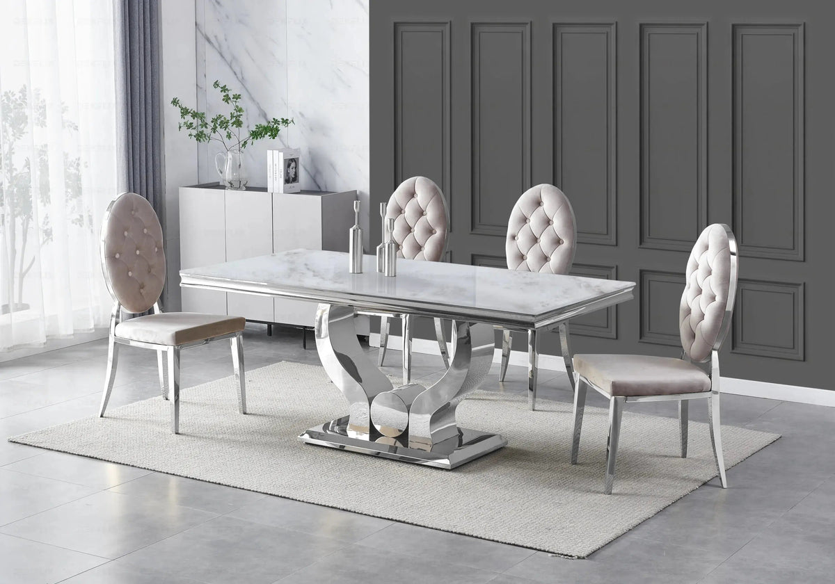 Ensemble table marbre beige et 4 chaises capitonnées | Juno
