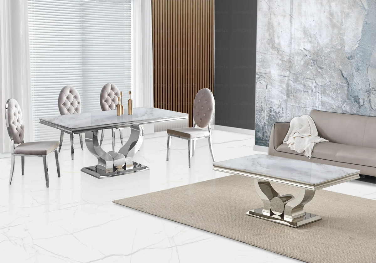 Ensemble table marbre beige et 4 chaises capitonnées | Juno