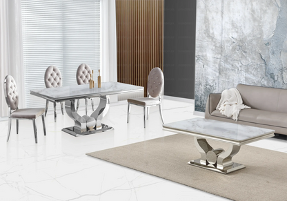 Ensemble table marbre beige et 4 chaises capitonnées | Juno