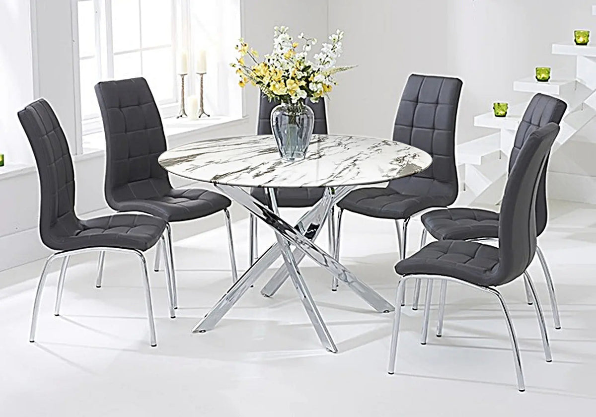Ensemble table ronde marbre blanc & 6 chaises grises | Mona