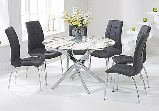 Ensemble table ronde marbre blanc & 6 chaises grises | Mona