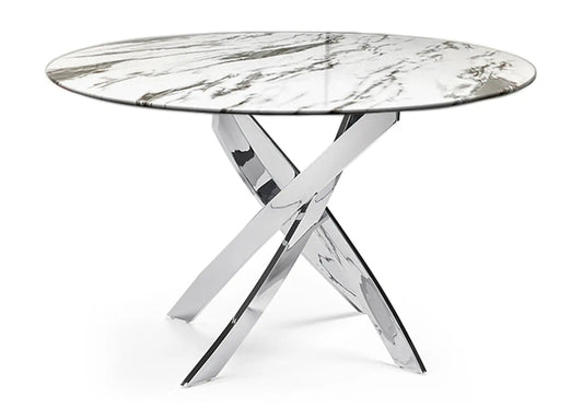 Ensemble table ronde marbre blanc & 6 chaises grises | Mona