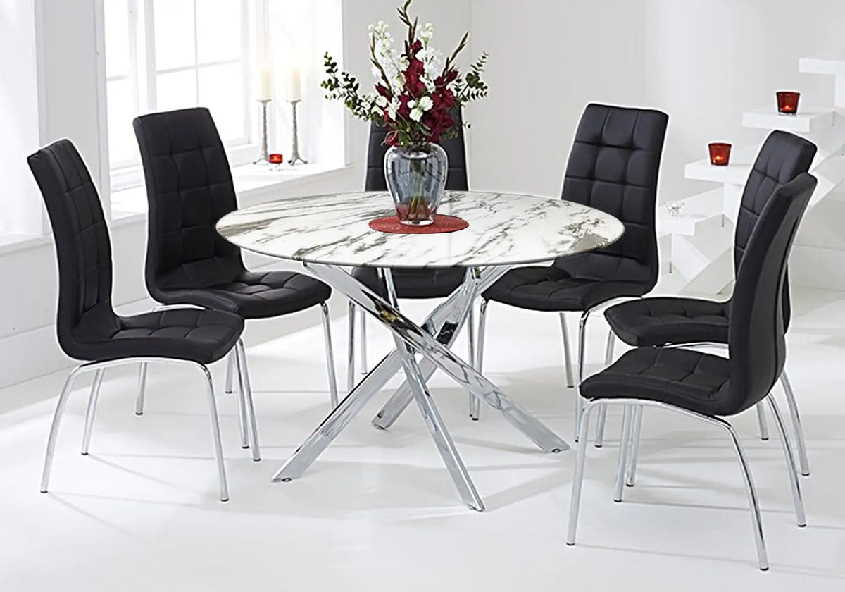 Table ronde effet marbre blanc et 6 chaises noires | Mona