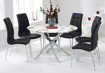 Table ronde effet marbre blanc et 6 chaises noires | Mona
