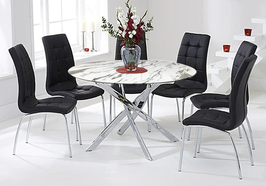 Table ronde effet marbre blanc et 6 chaises noires | Mona