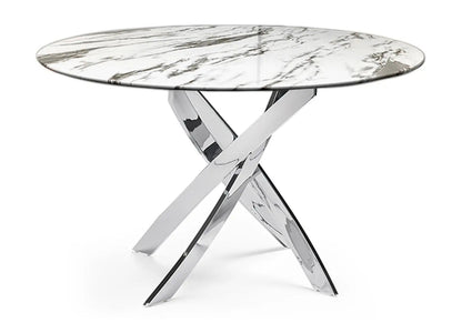 Table ronde effet marbre blanc et 6 chaises noires | Mona