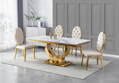 Table marbre blanc et 4 chaises capitonnées dorées | Juno