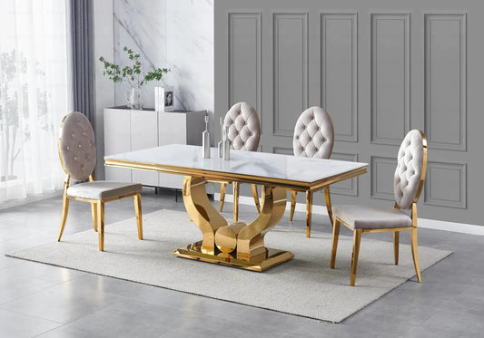 Table marbre blanc et 4 chaises capitonnées dorées | Juno