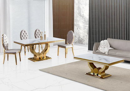 Table marbre blanc et 4 chaises capitonnées dorées | Juno