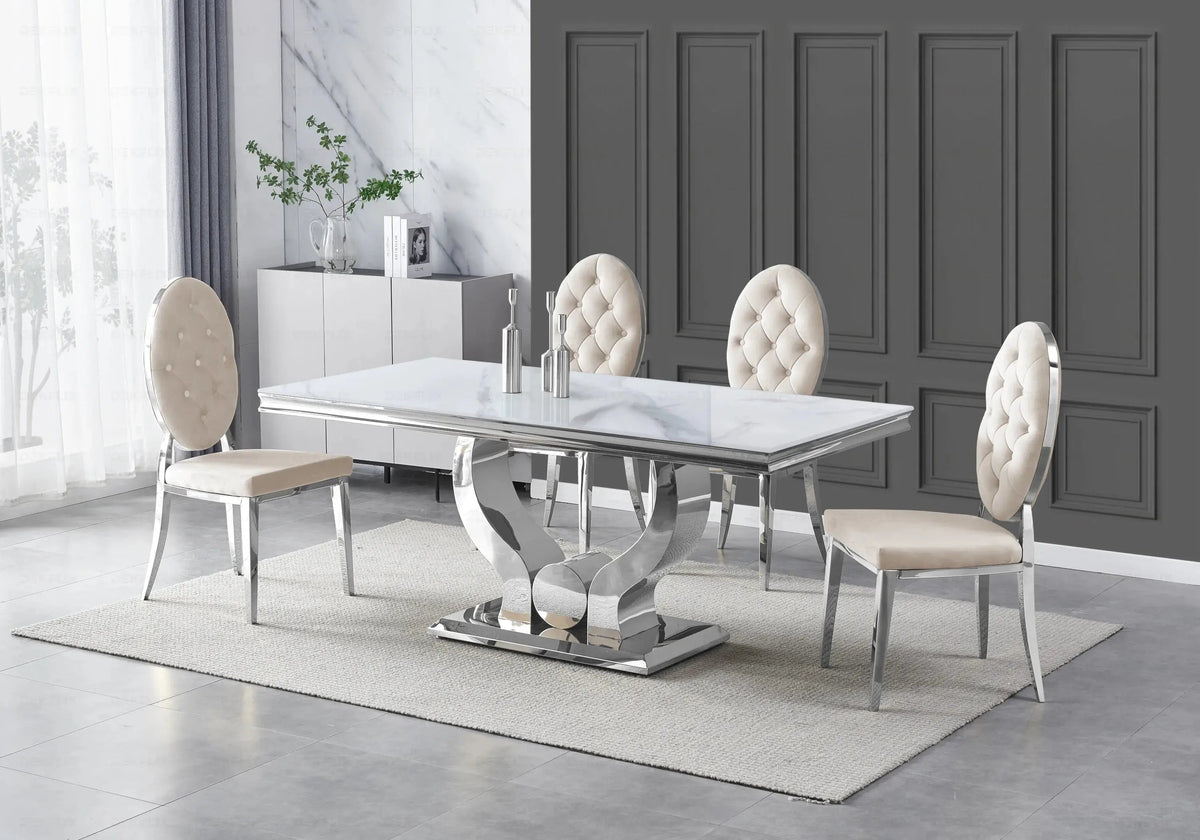 Ensemble table marbre blanc et 4 chaises capitonnées | Juno