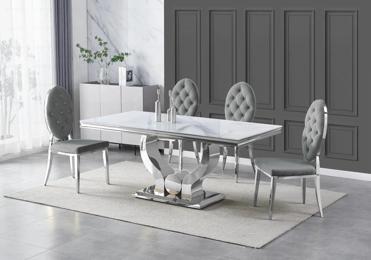 Ensemble table marbre blanc et 4 chaises capitonnées | Juno