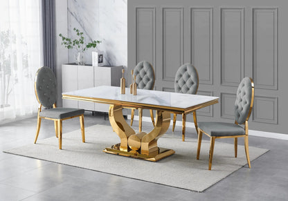 Table marbre blanc et 4 chaises capitonnées dorées | Juno