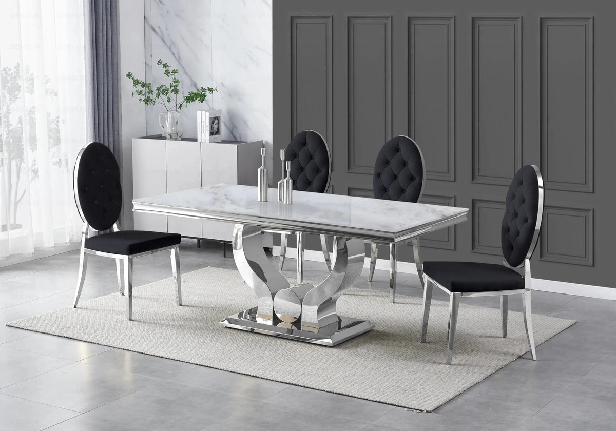 Ensemble table marbre blanc et 4 chaises capitonnées | Juno