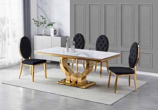 Table marbre blanc et 4 chaises capitonnées dorées | Juno