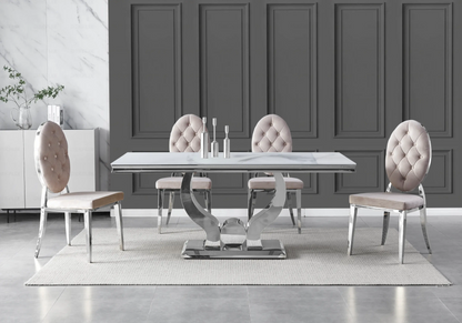 Ensemble table marbre blanc et 4 chaises capitonnées | Juno