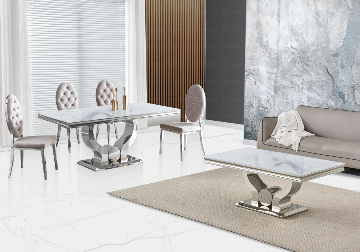 Ensemble table marbre blanc et 4 chaises capitonnées | Juno